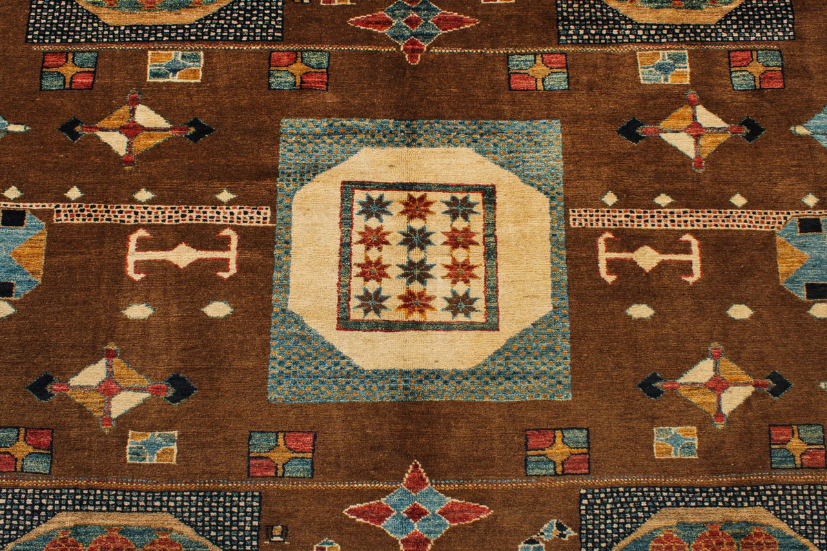6x8 Brown and Ivory Kazak Tribal Rug
