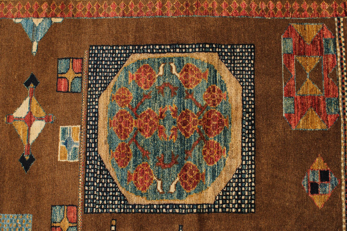 6x8 Brown and Ivory Kazak Tribal Rug