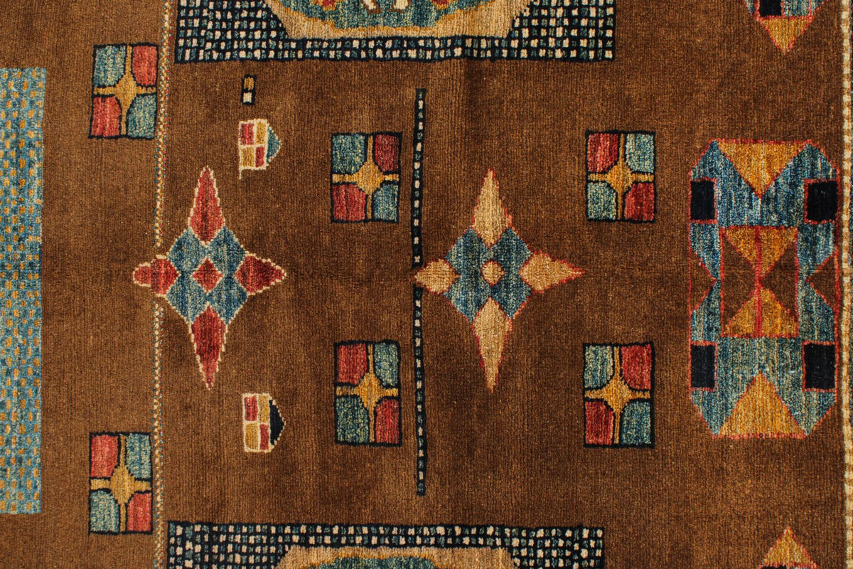 6x8 Brown and Ivory Kazak Tribal Rug