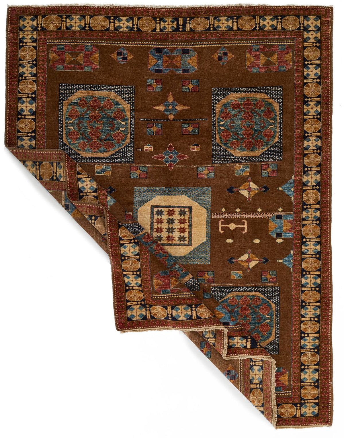 6x8 Brown and Ivory Kazak Tribal Rug