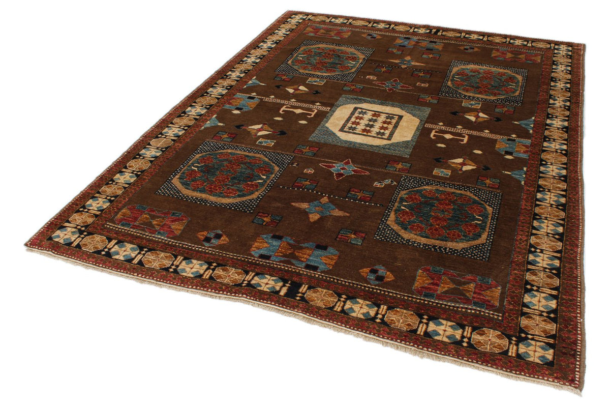 6x8 Brown and Ivory Kazak Tribal Rug