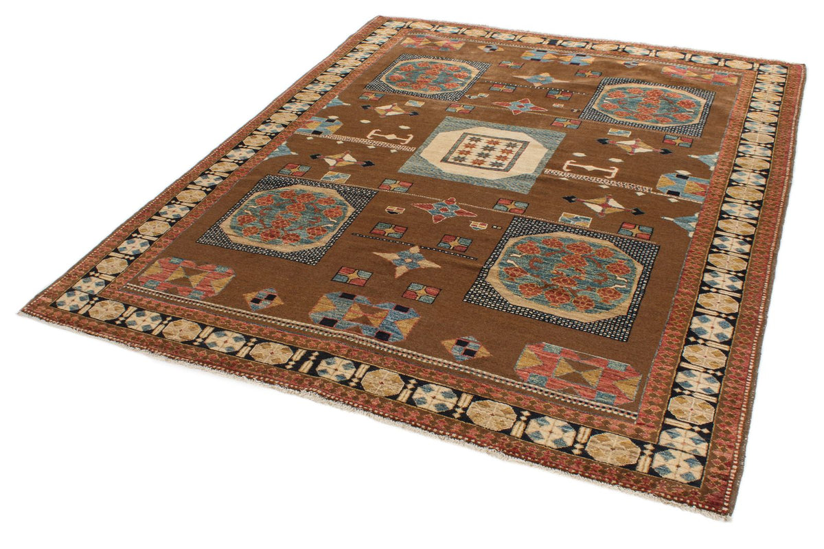 6x8 Brown and Ivory Kazak Tribal Rug