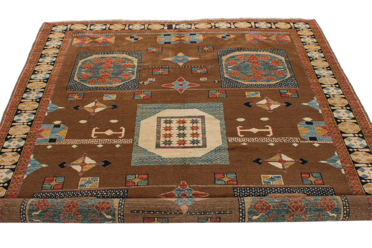 6x8 Brown and Ivory Kazak Tribal Rug