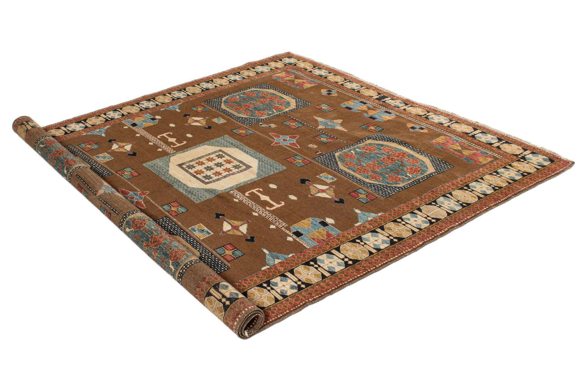 6x8 Brown and Ivory Kazak Tribal Rug