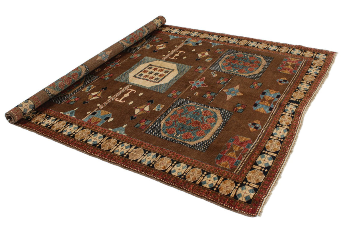 6x8 Brown and Ivory Kazak Tribal Rug