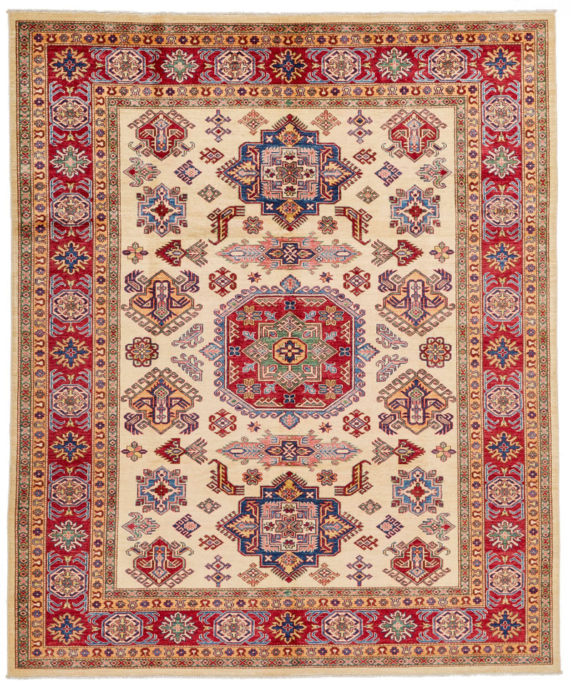 8x10 Ivory and Red Kazak Tribal Rug