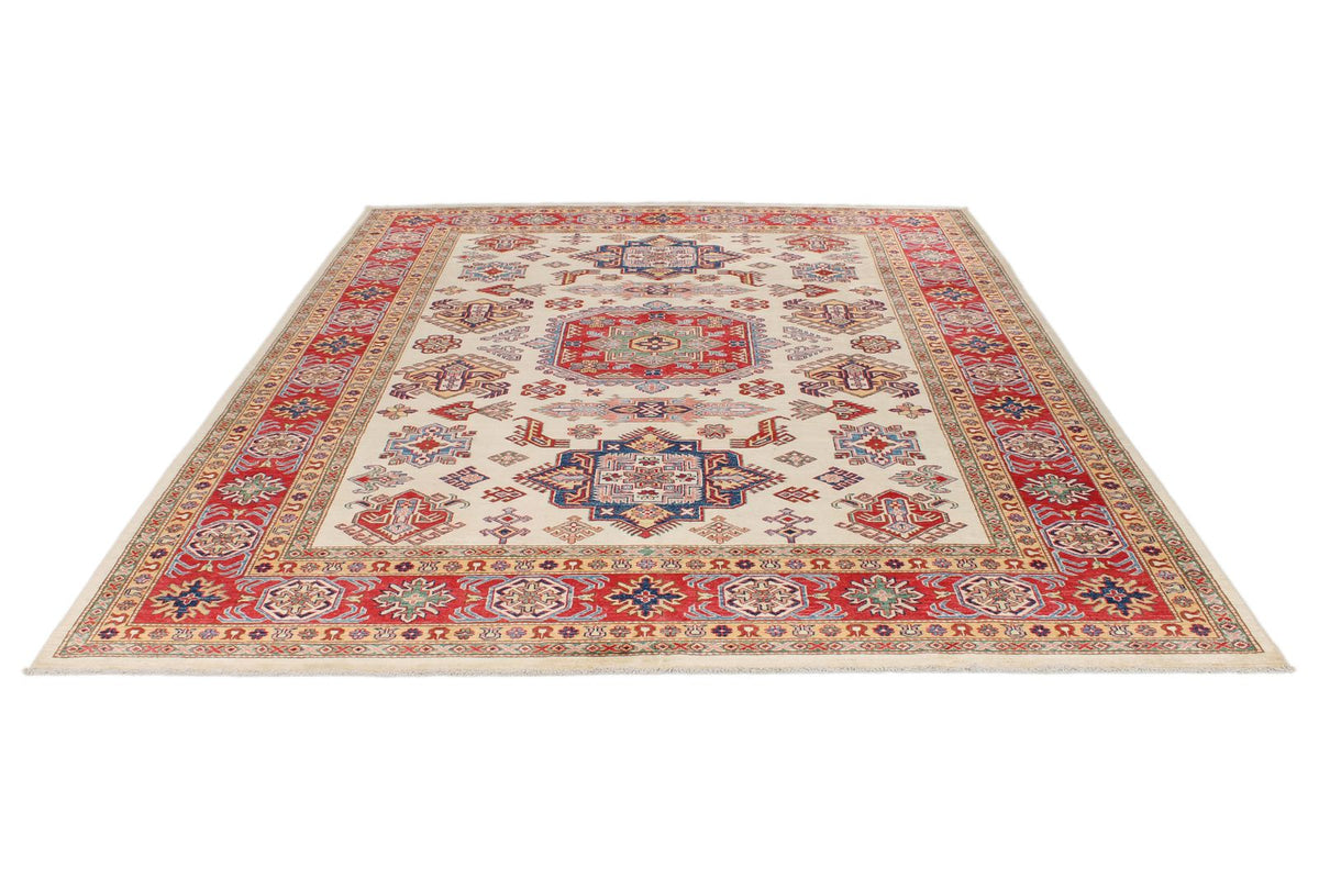 8x10 Ivory and Red Kazak Tribal Rug