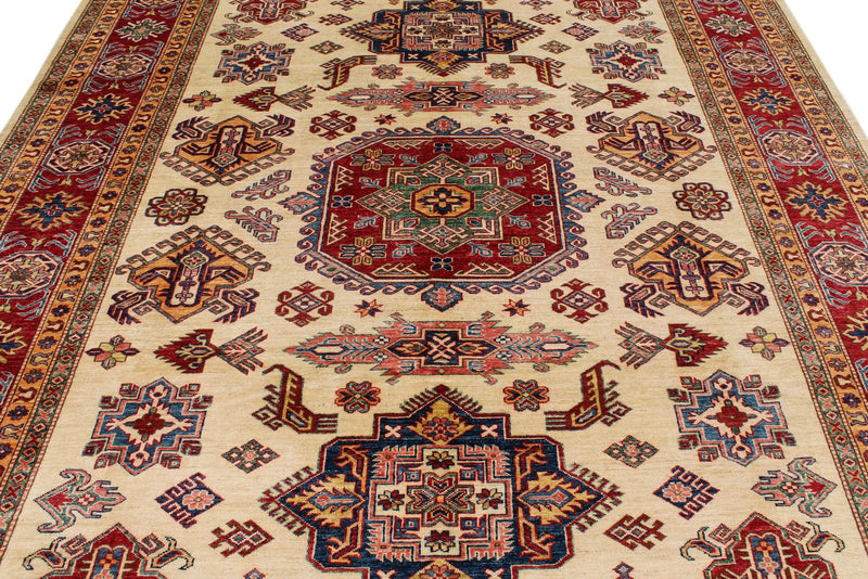 8x10 Ivory and Red Kazak Tribal Rug