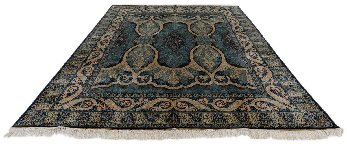 9x12 Navy and Gold Turkish Silk Rug