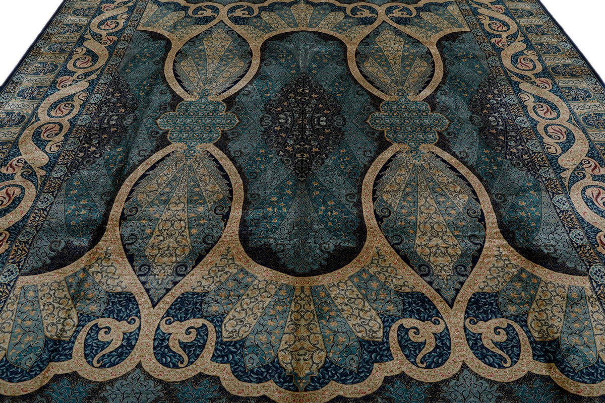 9x12 Navy and Gold Turkish Silk Rug