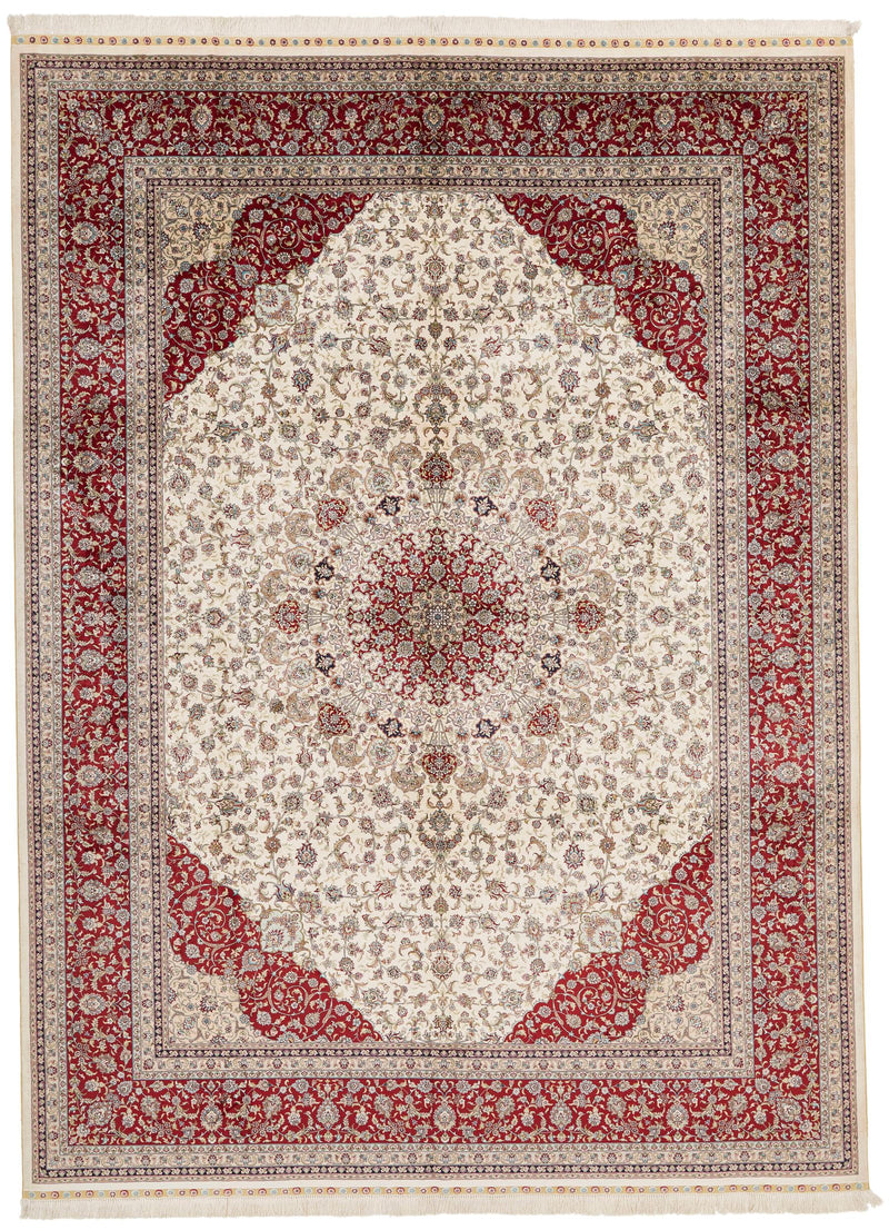 9x12 Ivory and Red Turkish Silk Rug