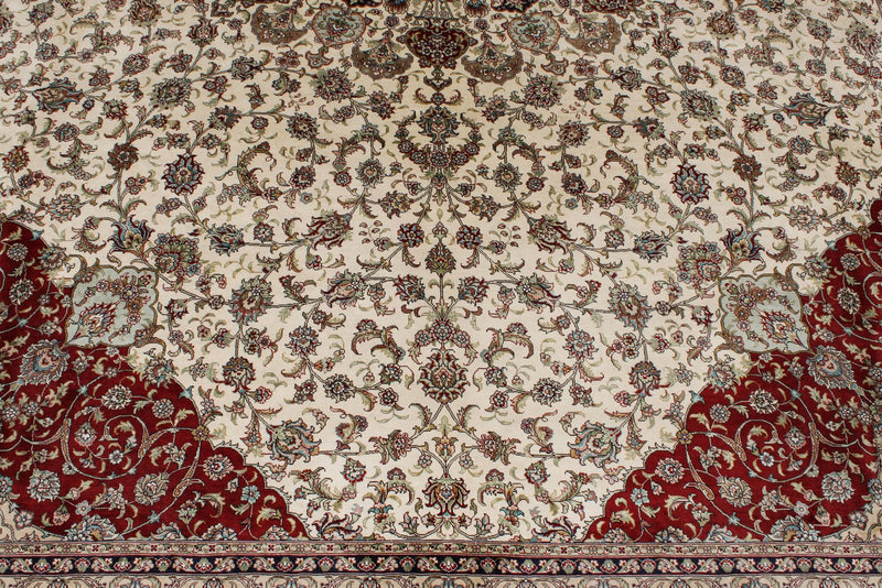 9x12 Ivory and Red Turkish Silk Rug