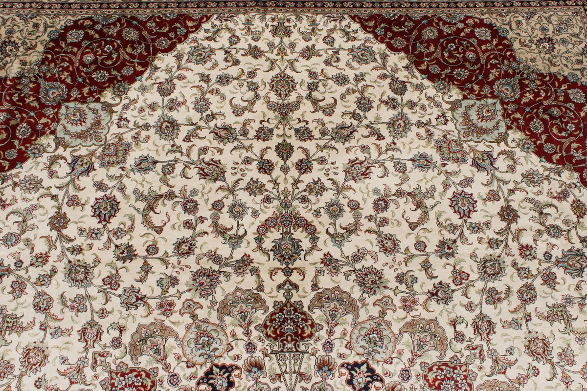9x12 Ivory and Red Turkish Silk Rug