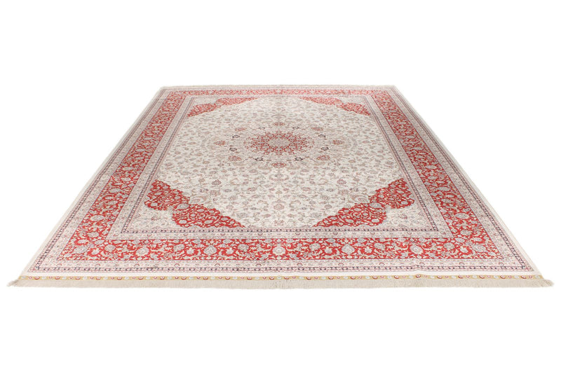 9x12 Ivory and Red Turkish Silk Rug