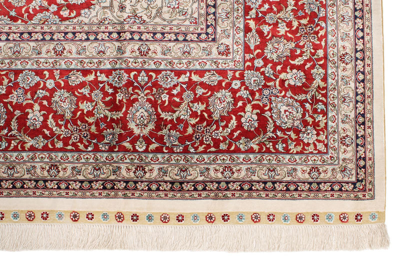 9x12 Ivory and Red Turkish Silk Rug