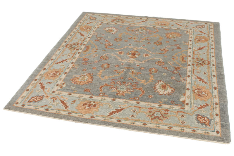 5x5 Gray and Blue Turkish Oushak Rug