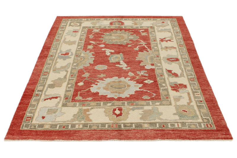 5x7 Red and Ivory Turkish Oushak Rug