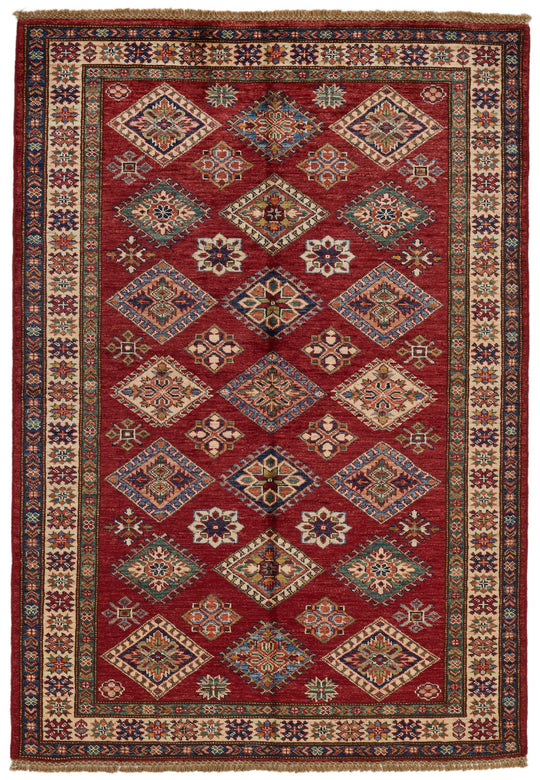 4x6 Red and Ivory Kazak Tribal Rug