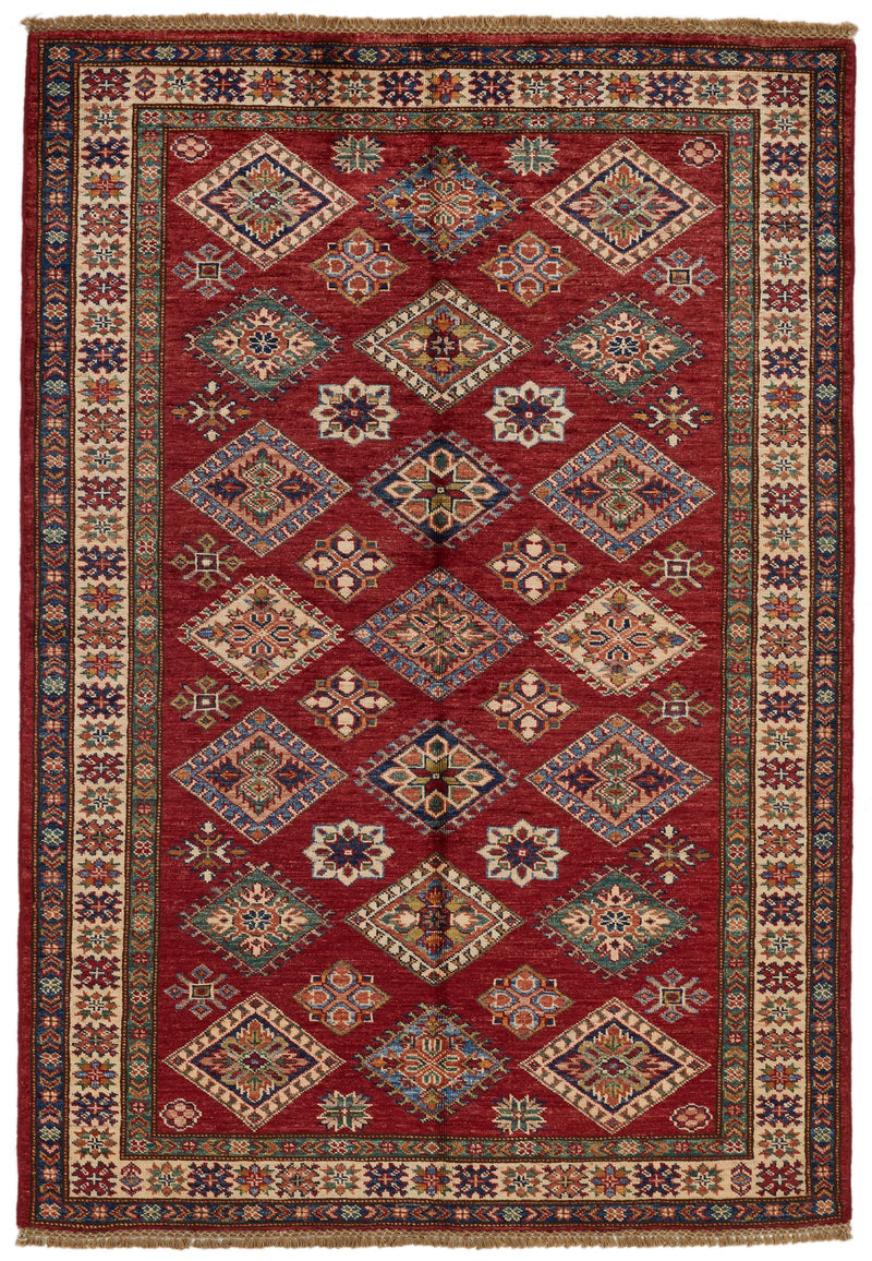 4x6 Red and Ivory Kazak Tribal Rug