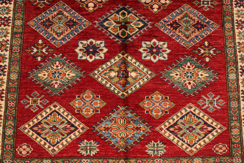 4x6 Red and Ivory Kazak Tribal Rug