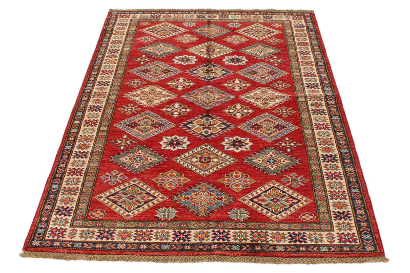 4x6 Red and Ivory Kazak Tribal Rug