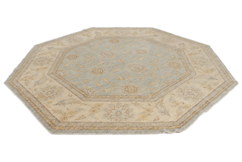 8x8 Blue and Ivory Turkish Oushak Rug