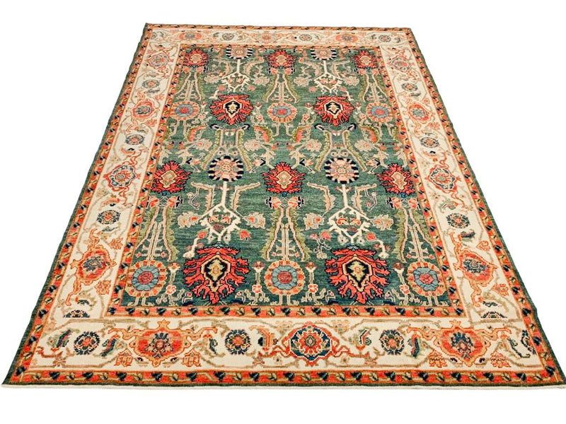 5x7 Ivory and Green Turkish Oushak Rug