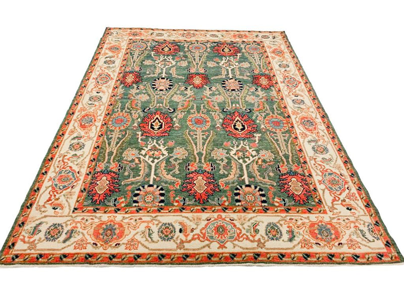 5x7 Ivory and Green Turkish Oushak Rug