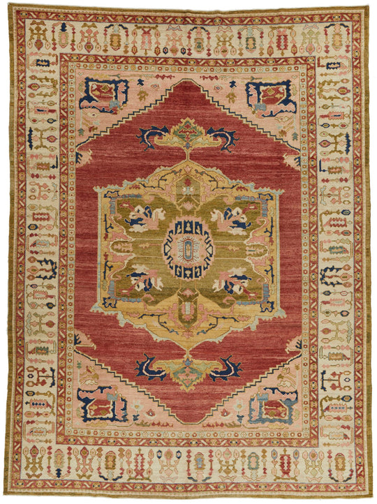 10x13 Red and Ivory Turkish Oushak Rug