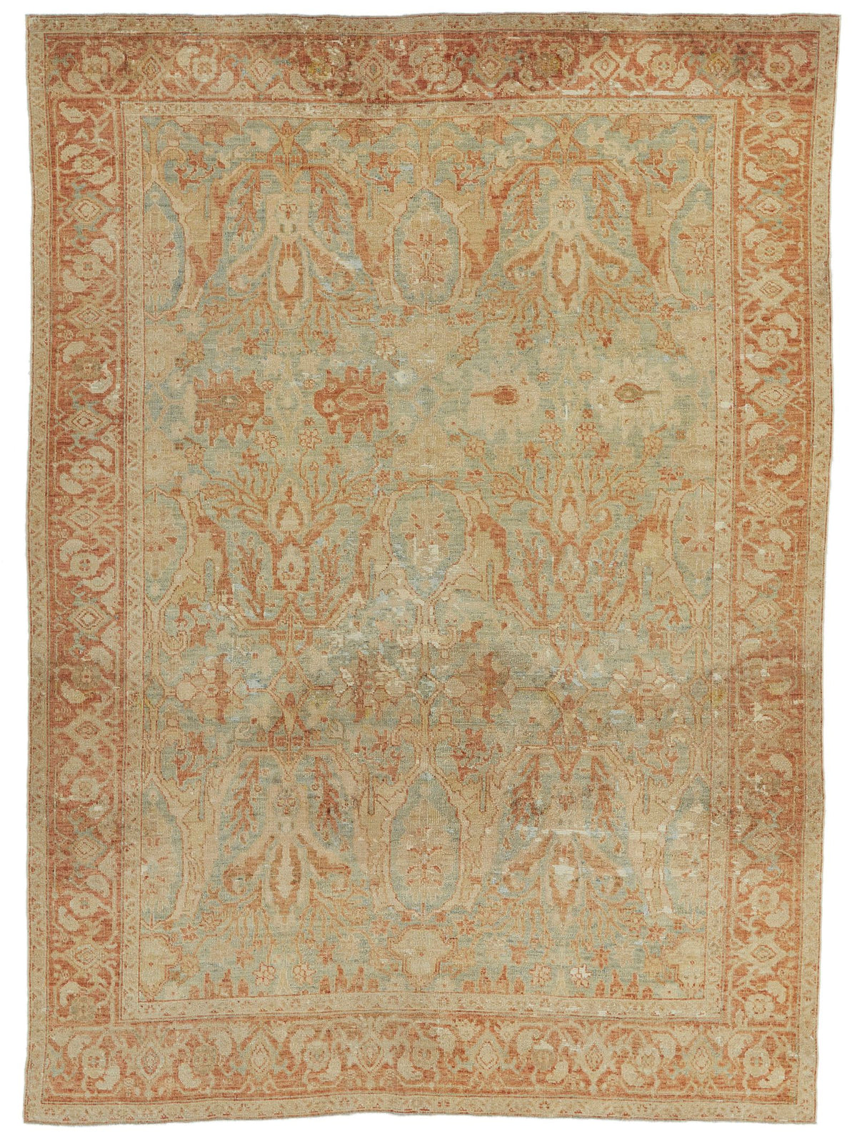 7x9 Light Blue and Rust Turkish Oushak Rug