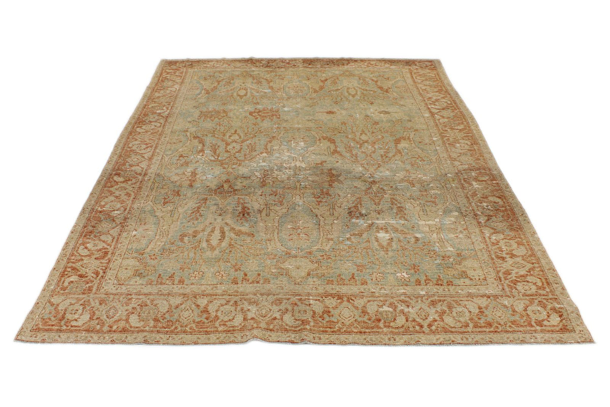 7x9 Light Blue and Rust Turkish Oushak Rug