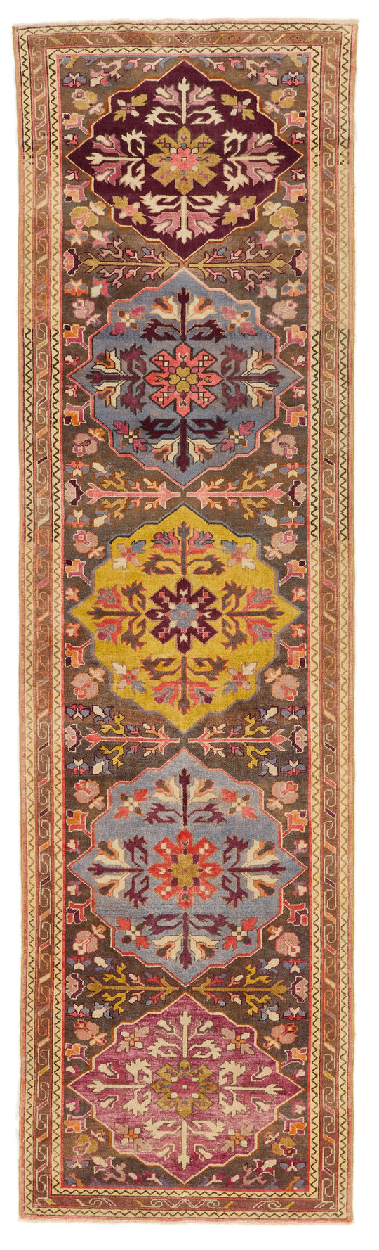 3x9 Multicolor and Brown Turkish Tribal Runner