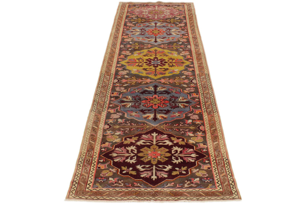 3x9 Multicolor and Brown Turkish Tribal Runner