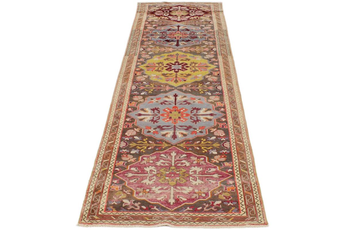 3x9 Multicolor and Brown Turkish Tribal Runner