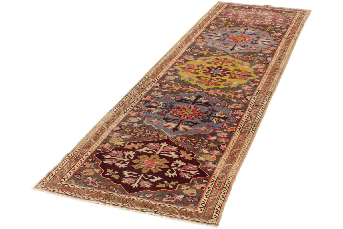 3x9 Multicolor and Brown Turkish Tribal Runner