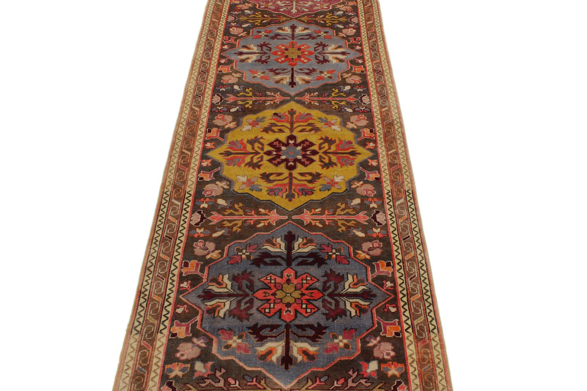 3x9 Multicolor and Brown Turkish Tribal Runner