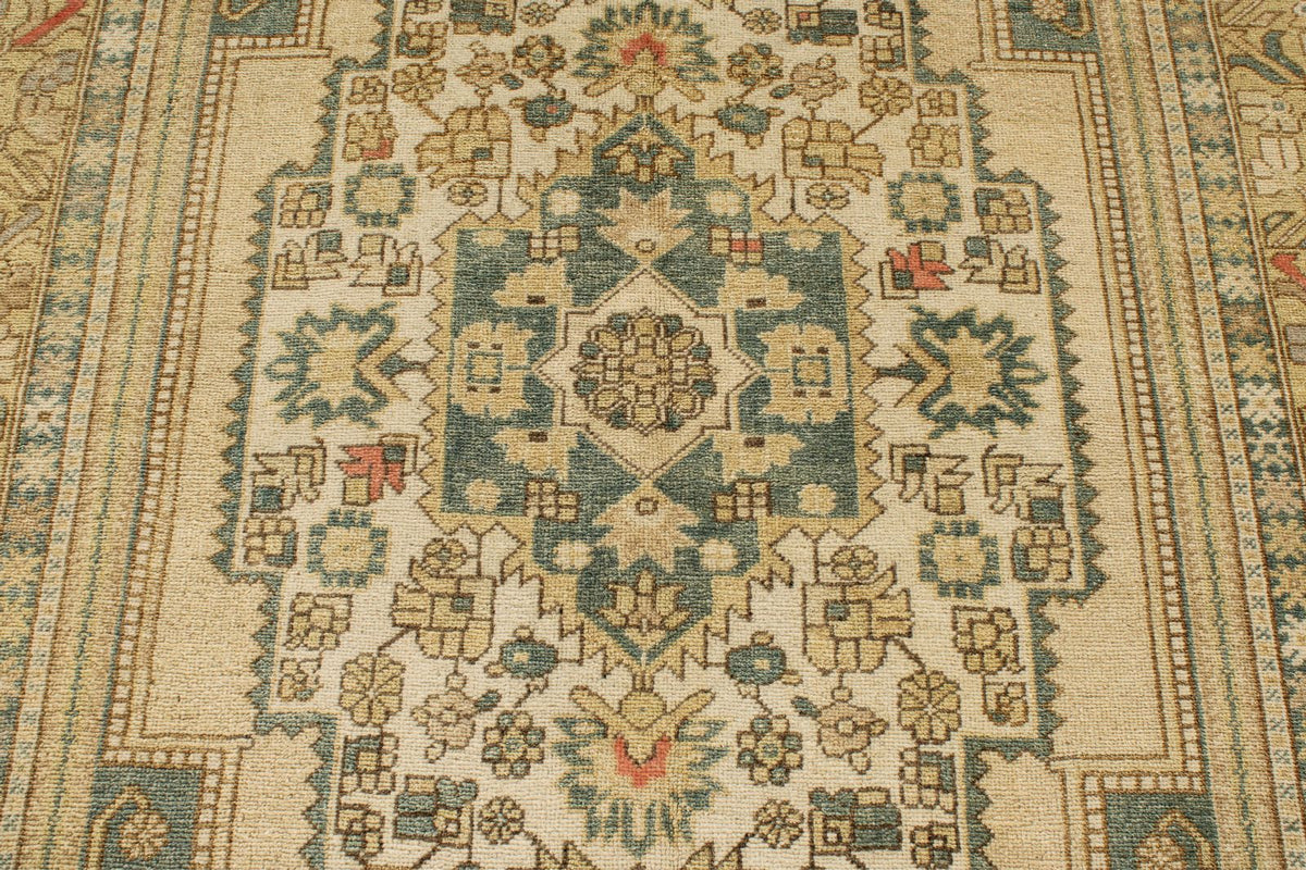 6x10 Green and Ivory Turkish Tribal Rug