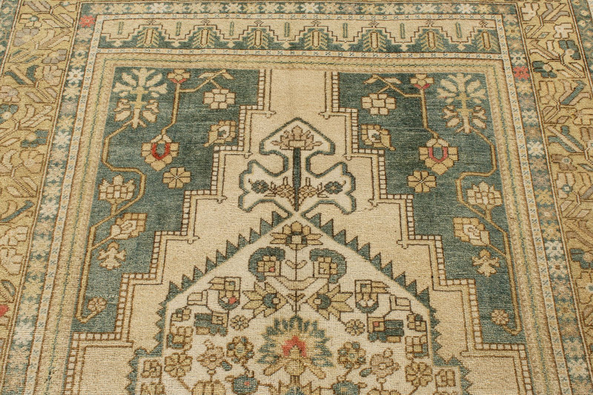 6x10 Green and Ivory Turkish Tribal Rug