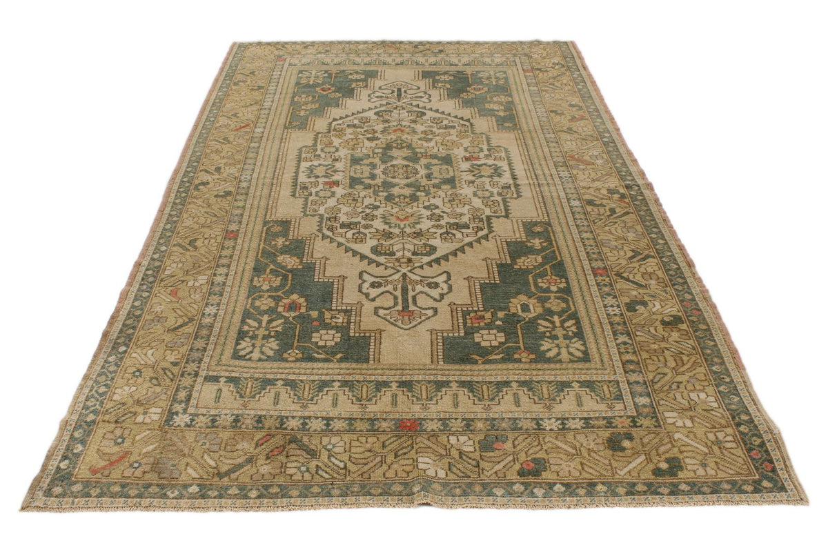 6x10 Green and Ivory Turkish Tribal Rug