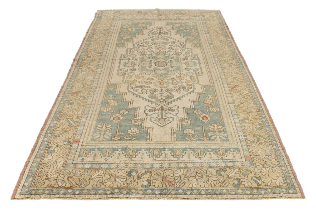 6x10 Green and Ivory Turkish Tribal Rug