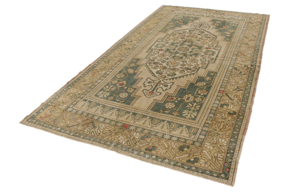 6x10 Green and Ivory Turkish Tribal Rug
