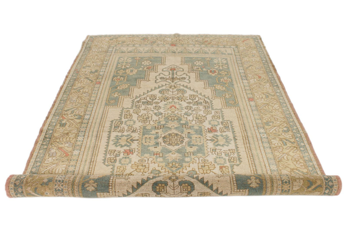 6x10 Green and Ivory Turkish Tribal Rug