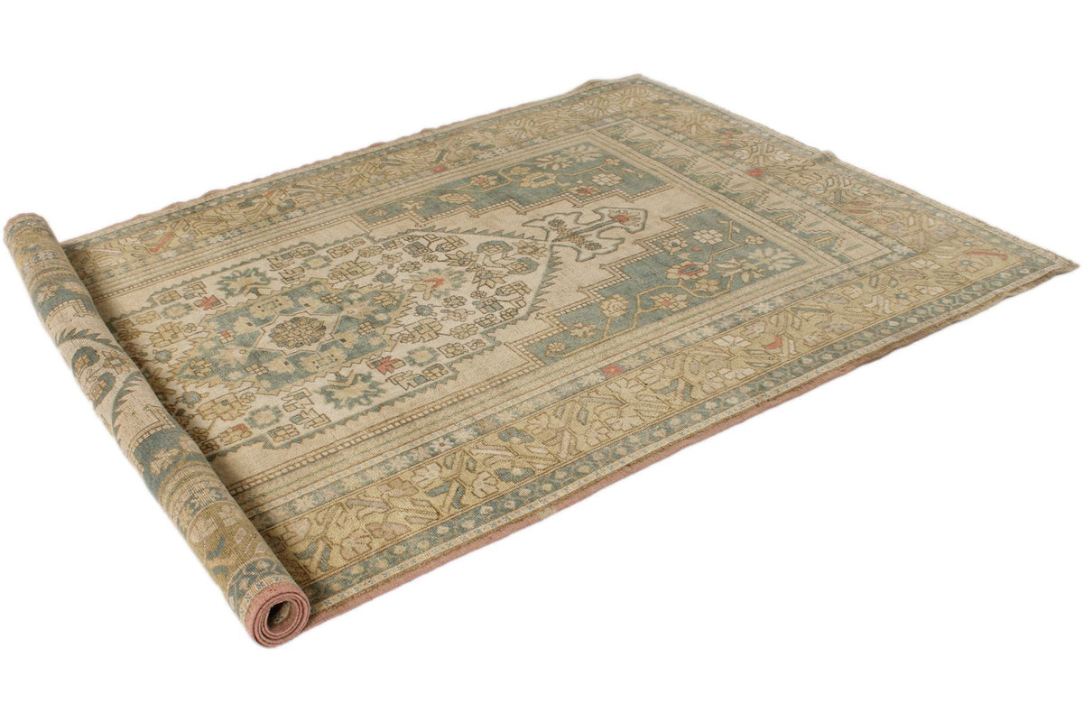 6x10 Green and Ivory Turkish Tribal Rug