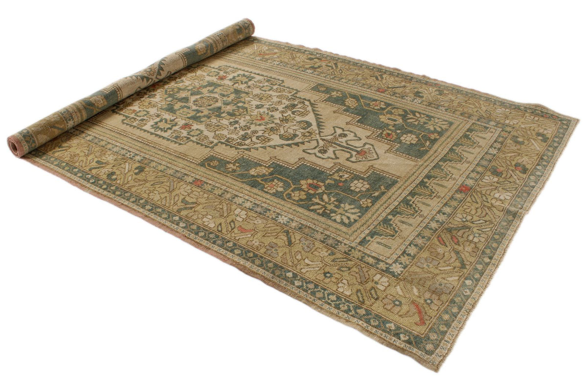 6x10 Green and Ivory Turkish Tribal Rug