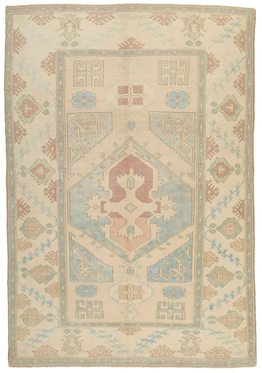 5x9 Blue and Ivory Turkish Tribal Rug