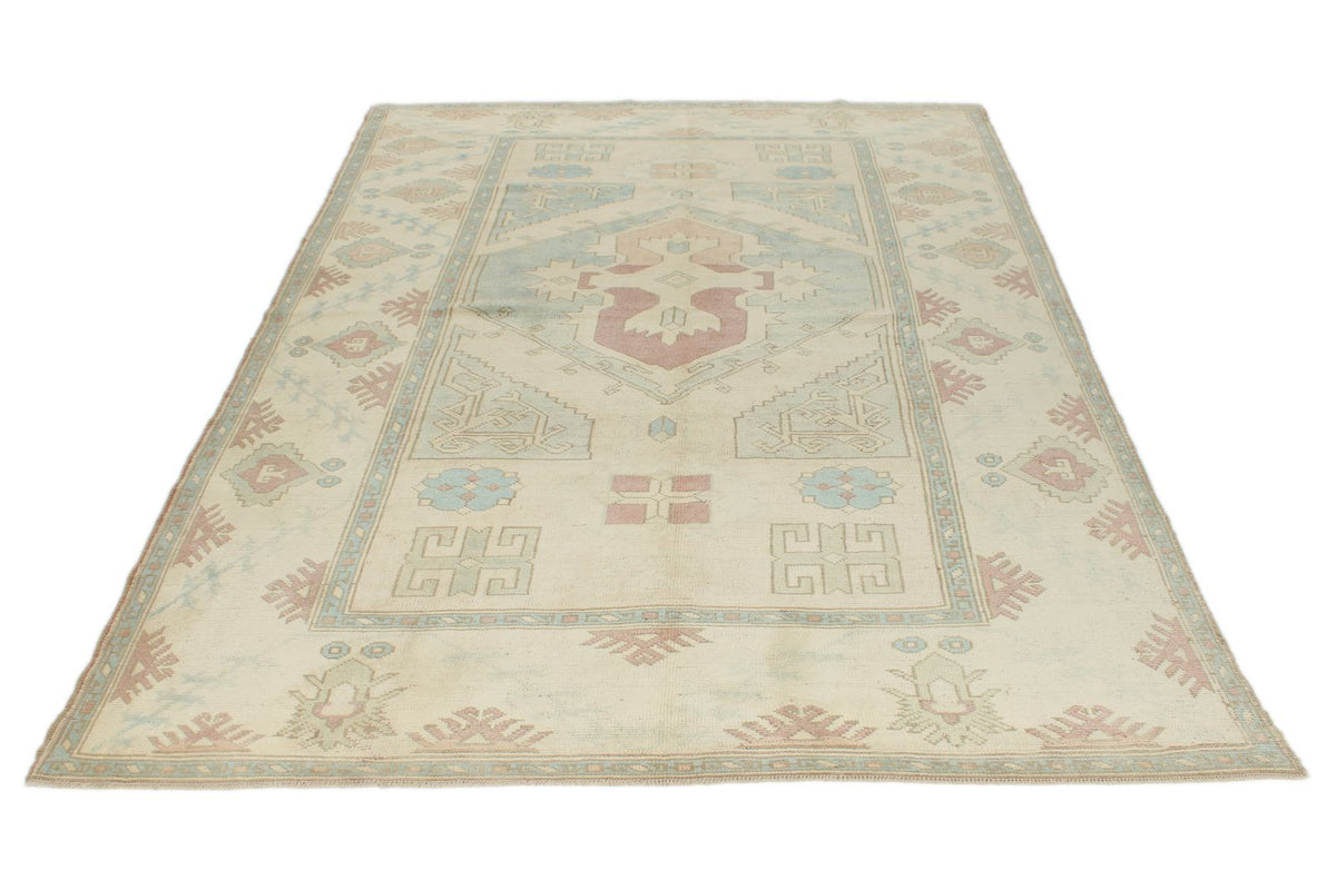 5x9 Blue and Ivory Turkish Tribal Rug
