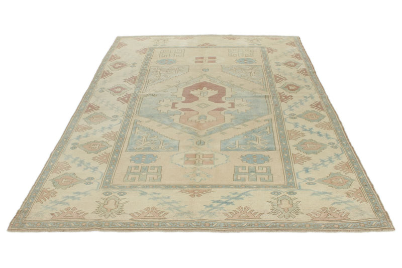 5x9 Blue and Ivory Turkish Tribal Rug