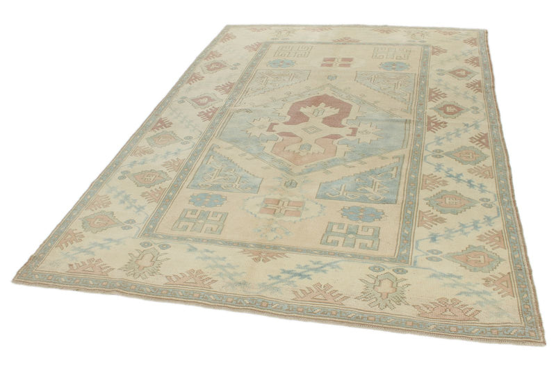 5x9 Blue and Ivory Turkish Tribal Rug