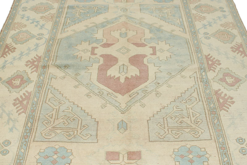 5x9 Blue and Ivory Turkish Tribal Rug
