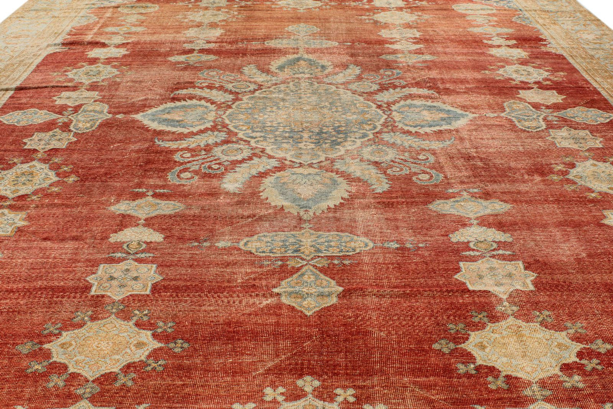 13x17 Red and Light Blue Turkish Oushak Rug